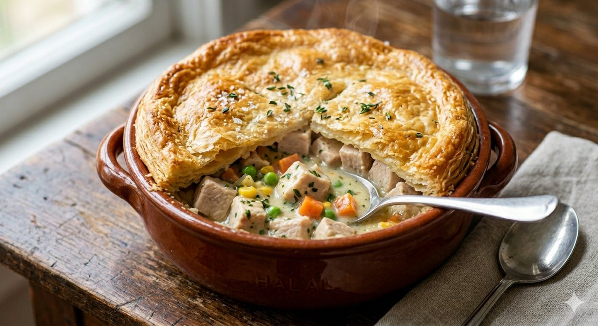 Halal chicken pot pie with golden flaky crust